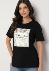 Czarny Bawełniany T-shirt Ozdobiony Nadrukiem Nelltaria. Czarne t-shirty damskie Born2be, m, bez wzorów, z bawełny, eleganckie, bez kołnierzyka, bez ramiączek. Za 39.99 zł.