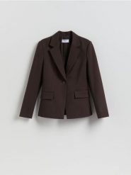 Marynarka z dodatkiem wiskozy - brązowy. Brązowe marynarki i żakiety damskie Reserved, bez wzorów, z tkaniny, bez kołnierzyka, bez ramiączek. Za 199.99 zł.