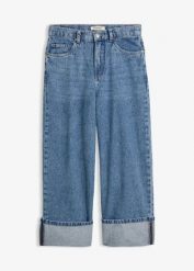 Jeansy wide leg, mid waist, cropped. Niebieskie jeansy damskie bonprix, bez wzorów, z jeansu. Za 117.99 zł.