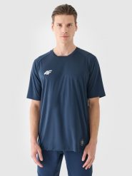 4F T-shirt treningowy szybkoschnący męski - granatowy S. Niebieskie koszulki sportowe męskie 4F, m, bez wzorów, z dzianiny, bez ramiączek, na fitness i siłownię. W wyprzedaży za 89.99 zł.