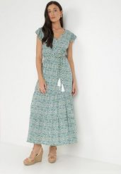 Biało-Zielona Sukienka z Paskiem Phenaleia. Zielone sukienki damskie Born2be, l, bez wzorów, ze skóry, boho, bez kołnierzyka, bez ramiączek, maxi. Za 29.99 zł.