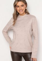 Jasnobeżowy Sweter o Klasycznym Fasonie z Ozdobnymi Cyrkoniami Irithra. Brązowe swetry nierozpinane damskie Born2be, bez wzorów, eleganckie, bez kołnierzyka, bez ramiączek. Za 64.99 zł.