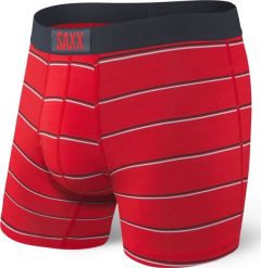 SAXX Bokserki męskie Vibe Boxer Brief Red Shallow Stripe r. S. Czerwone bokserki męskie Saxx, bez wzorów. Za 103.99 zł.