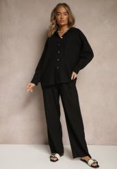 Czarny Komplet z Lnem Koszula i Spodnie o Szerokim Kroju Renavine. Czarne koszule damskie Renee, bez wzorów, z materiału, eleganckie, bez kołnierzyka, bez ramiączek. Za 149.99 zł.