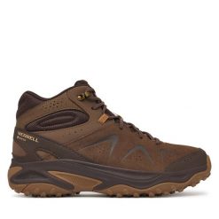 Trekkingi Merrell. Brązowe botki męskie Merrell, bez wzorów, bez obcasa, bez zapięcia. Za 599.99 zł.