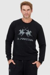 LA MARTINA Czarna bluza męska z szarym logo, Rozmiar XL. Czarne bluzy męskie La Martina, l, bez wzorów, bez ramiączek, bez kaptura. W wyprzedaży za 265.99 zł.