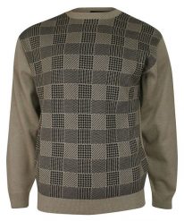 Sweter Beżowo-Czarny, w Kratkę, Szachownicę, Okrągły Dekolt (U-neck) -KINGS- Męski. Brązowe swetry męskie Kings, l, bez wzorów, z bawełny, klasyczne, bez kołnierzyka, bez ramiączek. Za 187.00 zł.