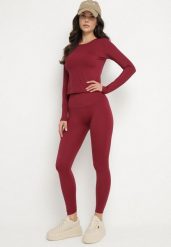 Bordowy Komplet Sportowy Legginsy i Bluzka z Długim Rękawem Toretta. Czerwone legginsy damskie Born2be, s, z aplikacjami, długie, na fitness i siłownię. Za 119.99 zł.