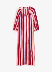 Sukienka typu kaftan z wiskozy z fakturą we wzór w paski. Czerwone sukienki damskie bonprix, bez wzorów, z wiskozy, bez kołnierzyka, bez ramiączek, plisowane. Za 149.99 zł.