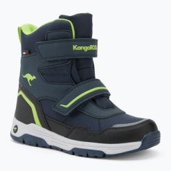 Śniegowce juniorskie KangaROOS K-MJ Camp V RTX dk. Niebieskie buty zimowe męskie KangaRoos, na zimę, bez wzorów, bez obcasa, bez zapięcia. Za 209.99 zł.