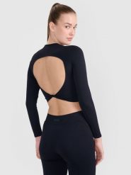 4F Longsleeve treningowy crop-top z wycięciem na plecach damski - czarny M/L. Czarne topy damskie 4F, l, bez wzorów, bez kołnierzyka, bez ramiączek. W wyprzedaży za 69.99 zł.