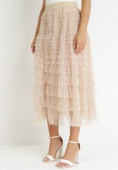 Beżowa Rozkloszowana Spódnica Maxi z Falbankami z Tiulu Davena. Brązowe spódnice damskie Born2be, m, z aplikacjami, z tiulu, maxi, rozkloszowane. Za 149.99 zł.