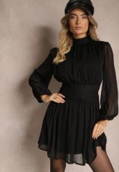 Czarna Rozkloszowana Sukienka z Półprzeźroczystymi Wstawkami i Stójką Gelabine. Czarne sukienki damskie Renee, na co dzień, l, bez wzorów, eleganckie, bez kołnierzyka, bez ramiączek, mini, proste. Za 119.99 zł.