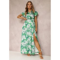 Zielona Sukienka Lecerf. Zielone sukienki damskie Renee, na lato, bez wzorów, eleganckie, bez kołnierzyka, bez ramiączek, maxi, kopertowe. Za 49.99 zł.