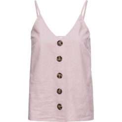 Top lniany bonprix matowy jasnoróżowy. Fioletowe topy damskie bonprix, bez wzorów, ze lnu, bez kołnierzyka, bez ramiączek. Za 37.99 zł.