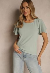 Jasnozielona Bluzka z Rozkloszowanymi Rękawami Sunelva. Zielone bluzki damskie Renee, m, bez wzorów, z jeansu, eleganckie, bez kołnierzyka, bez ramiączek. Za 34.99 zł.