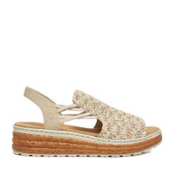 Sandały Rieker. Brązowe sandały damskie Rieker, bez wzorów, bez obcasa, na koturnie, bez zapięcia. Za 319.99 zł.