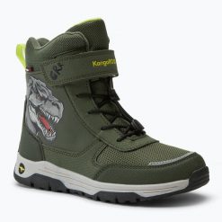 Śniegowce juniorskie KangaROOS K-MJ Edison EV RTX SL tta dino. Zielone buty zimowe męskie KangaRoos, na zimę, bez wzorów, bez obcasa, bez zapięcia. Za 209.99 zł.