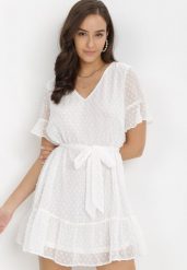 Biała Sukienka Acalopei. Białe sukienki damskie Born2be, na imprezę, l, bez wzorów, z materiału, bez kołnierzyka, bez ramiączek, mini, dopasowane. Za 84.99 zł.
