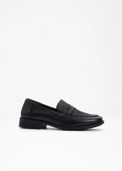 Półbuty skórzane loafer. Czarne balerinki damskie bonprix, bez wzorów, bez obcasa, bez zapięcia. Za 219.99 zł.