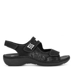 Sandały Remonte. Czarne sandały damskie Remonte, bez wzorów, bez obcasa, na słupku, bez zapięcia. Za 379.99 zł.