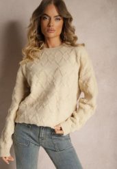 Beżowy Luźny Sweter o Pudełkowym Kroju i Tłoczonym Splocie ze Ściągaczami Elomara. Brązowe swetry nierozpinane damskie Renee, bez wzorów, z jeansu, casualowe, bez kołnierzyka, bez ramiączek. Za 139.99 zł.