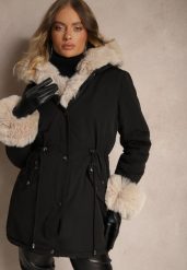 Czarno-Beżowa Kurtka Parka z Futerkiem i Szerokim Kapturem Florion. Czarne kurtki damskie Renee, na zimę, l, z aplikacjami, z futra. Za 179.99 zł.