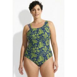 Damskie Strój kąpielowy kwiaty miękkie miseczki okrągły dekolt. Niebieskie stroje kąpielowe damskie Ulla Popken, plus size, bez wzorów, z elastanu. Za 239.99 zł.