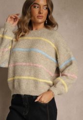 Beżowy Sweter o Nietoperzowym Fasonie z Dodatkiem Wełny w Paseczki Ralinatia. Brązowe swetry nierozpinane damskie Renee, bez wzorów, z jeansu, casualowe, bez kołnierzyka, bez ramiączek. Za 149.99 zł.