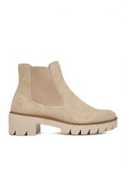 Rieker Botki CEO-X5772-60 Beżowy jasny. Brązowe botki damskie Rieker, bez wzorów, z materiału, bez obcasa, na płaskiej podeszwie, bez zapięcia. Za 349.99 zł.