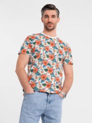T-shirt męski bawełniany w kwiatowy wzór full print – biały V1 OM-TSFP-0249 - XXL. Białe t-shirty męskie Ombre Clothing, l, bez wzorów, z bawełny, bez kołnierzyka, bez ramiączek. W wyprzedaży za 39.99 zł.