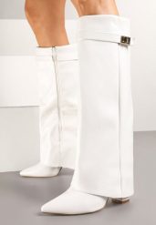 Białe Kozaki z Szeroką Cholewką i Szpiczastym Noskiem Jazmynn. Białe kozaki damskie Born2be, bez wzorów, ze szpiczastym noskiem, przed kolano, bez obcasa, na obcasie, bez zapięcia. Za 169.99 zł.