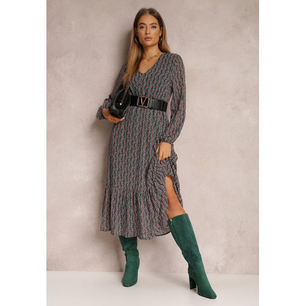 Ciemnozielona Sukienka z Trójkątnym Dekoltem i Gumką w Pasie Abido. Zielone sukienki damskie Renee, do pracy, l, bez wzorów, biznesowe, bez kołnierzyka, bez ramiączek, maxi, rozkloszowane. Za 119.99 zł.