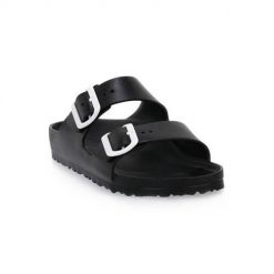 Klapki damskie Birkenstock Arizona Eva Calz S. Czarne klapki damskie Birkenstock, na lato, bez wzorów, z materiału, eleganckie, bez obcasa, bez zapięcia. Za 452.00 zł.