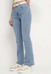 Niebieskie Jeansy Dzwony z Wysokim Stanem Mevise. Niebieskie jeansy damskie Born2be, bez wzorów, z jeansu, eleganckie, z podwyższonym stanem. Za 69.99 zł.