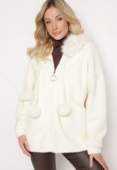 Jasnobeżowa Bluza z Wiskozą Wełną Kapturem Pomponami i Odpinanym Futerkiem Delavine. Brązowe bluzy damskie Born2be, l, bez wzorów, z jeansu, eleganckie, bez ramiączek. Za 229.99 zł.
