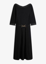 Sukienka z materiału punto di roma z satynowym paskiem. Czarne sukienki damskie bonprix, bez wzorów, z satyny, eleganckie, bez kołnierzyka, bez ramiączek. Za 219.99 zł.