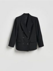 Dwurzędowa marynarka - czarny. Czarne marynarki i żakiety damskie Reserved, bez wzorów, z tkaniny, bez kołnierzyka, bez ramiączek. Za 229.99 zł.