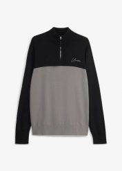 Sweter z wysokim kołnierzem zapinanym na zamek, krój regular fit. Czarne swetry męskie bonprix, m, bez wzorów, bez kołnierzyka, bez ramiączek. Za 129.99 zł.