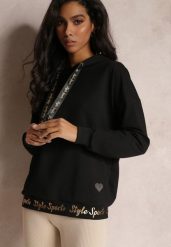 Czarna Bluza z Błyszczącymi Napisami i Cyrkoniami Faenora. Czarne bluzy damskie Renee, xs, bez wzorów, z jeansu, casualowe, bez ramiączek, bez kaptura. Za 49.99 zł.