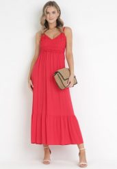 Czerwona Sukienka Stheuse. Czerwone sukienki damskie Born2be, na randkę, xs, bez wzorów, z koronki, eleganckie, bez kołnierzyka, bez ramiączek, maxi, trapezowe. Za 49.99 zł.
