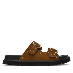 Klapki DeeZee. Brązowe klapki damskie DeeZee, bez wzorów, bez obcasa, bez zapięcia. Za 125.99 zł.