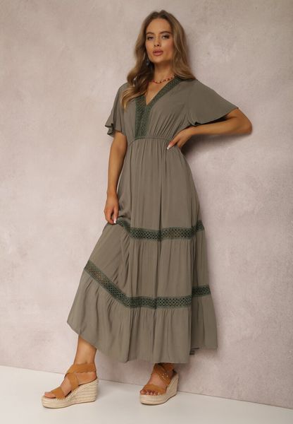 Ciemnozielona Sukienka Ilythyrra. Zielone sukienki damskie Renee, na co dzień, m, bez wzorów, z koronki, boho, bez kołnierzyka, bez ramiączek, maxi. Za 109.99 zł.