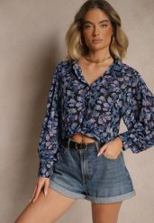 Czarna Koszula o Klasycznym Kroju w Kwiatowy Wzór Divliana. Czarne koszule damskie Renee, l, bez wzorów, eleganckie, bez kołnierzyka, bez ramiączek. Za 89.99 zł.