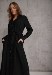 Czarna Sukienka z Wiskozą o Koszulowym Kroju z Wiązanym Paskiem Rissanni. Czarne sukienki damskie Renee, l, bez wzorów, z wiskozy, eleganckie, bez kołnierzyka, bez ramiączek, koszulowe. Za 99.99 zł.