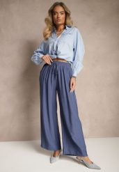 Granatowe Spodnie o Szerokim Kroju High Waist z Wiązaniem Fenalin. Niebieskie spodnie materiałowe damskie Renee, bez wzorów, z jeansu, eleganckie, z podwyższonym stanem. Za 44.99 zł.