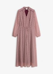 Sukienka szyfonowa z kontrastowymi lamówkami. Fioletowe sukienki damskie bonprix, bez wzorów, z szyfonu, eleganckie, bez kołnierzyka, bez ramiączek. Za 169.99 zł.