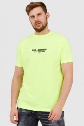 KARL LAGERFELD Neonowy t-shirt męski z wypukłym logo, Rozmiar S. Żółte t-shirty męskie KARL LAGERFELD, l, z aplikacjami, prążkowane, bez kołnierzyka, bez ramiączek. W wyprzedaży za 299.99 zł.