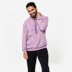 Bluza unisex Domyos fitness. Fioletowe bluzy męskie DOMYOS, l, bez wzorów, z bawełny, z kapturem, na fitness i siłownię. W wyprzedaży za 89.99 zł.