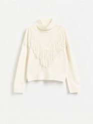 Sweter z dodatkiem wełny - złamana biel. Swetry nierozpinane damskie Reserved, l, bez wzorów, z dzianiny, bez kołnierzyka, bez ramiączek. Za 249.99 zł.